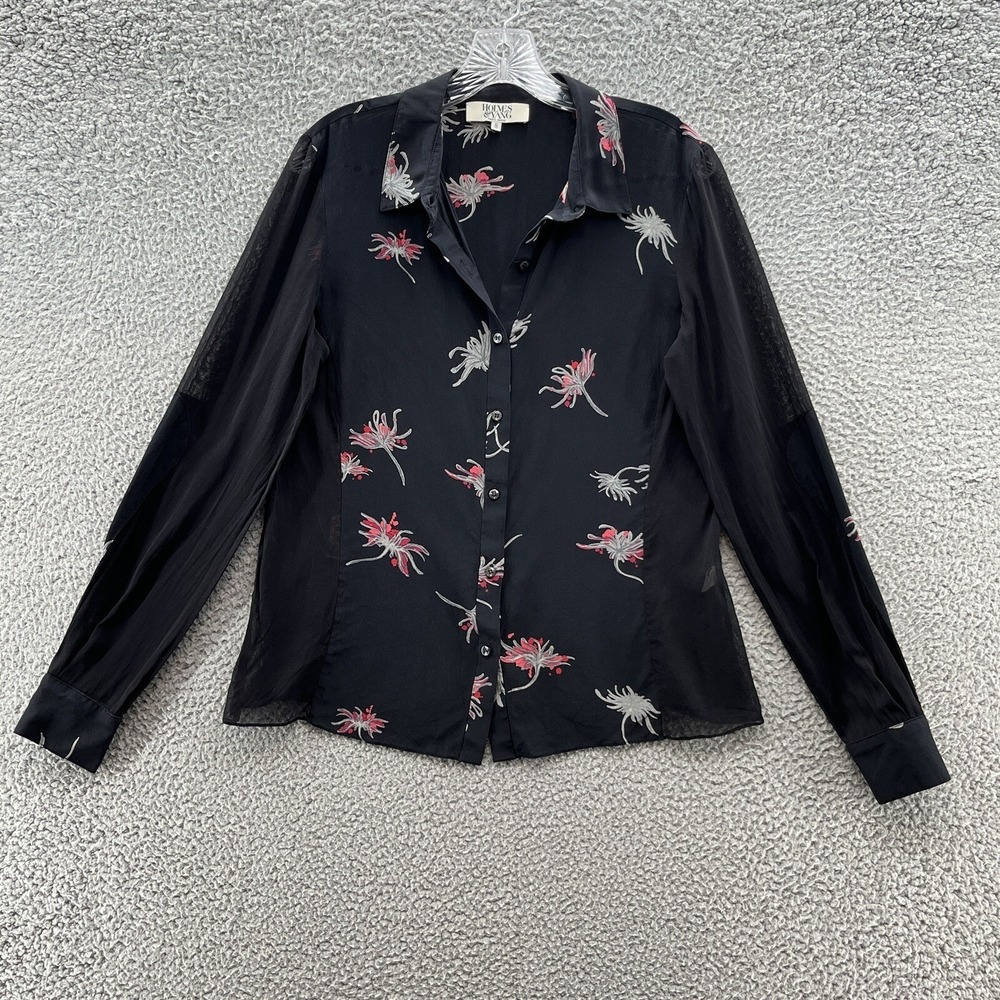 Holmes Yang Blouse‎ Womens 8 Black Floral Silk Sheer Panel Button Up Shirt USA